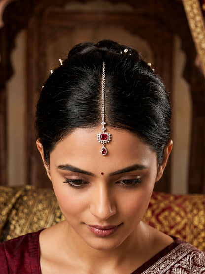 Silver Plated Red AD Maang Tikka for Women