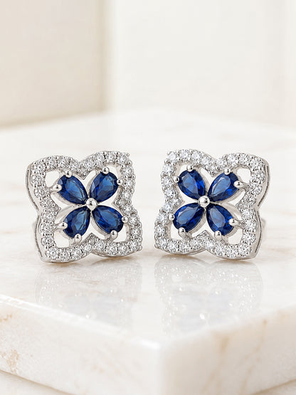 Rhodium Plated Blue AD Stud Earrings for Women