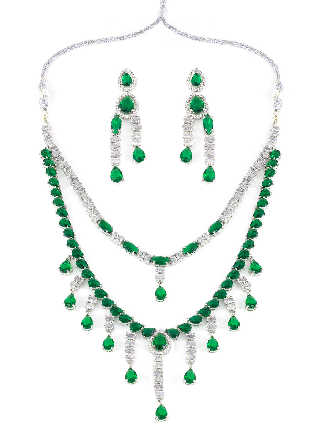 Silver Plated Green AD Designer 2 Layer Cocktail Jewellery Set