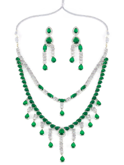 Silver Plated Green AD Designer 2 Layer Cocktail Jewellery Set