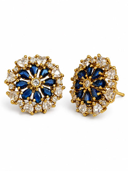 South Indian Gold Plated Blue AD Floral Stud Earrings for Women