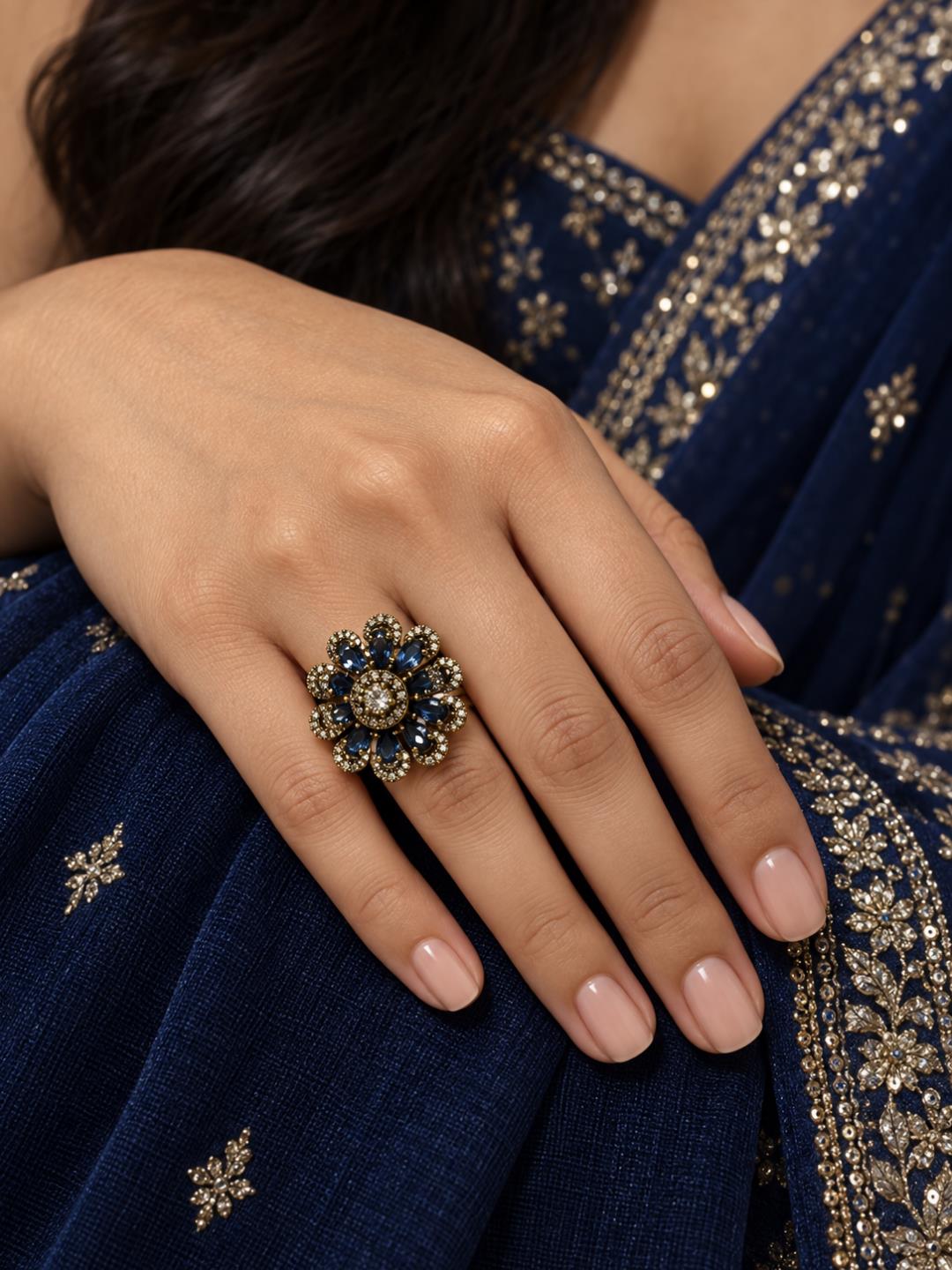 Antique Gold Plated Blue AD Floral Finger Ring for Women