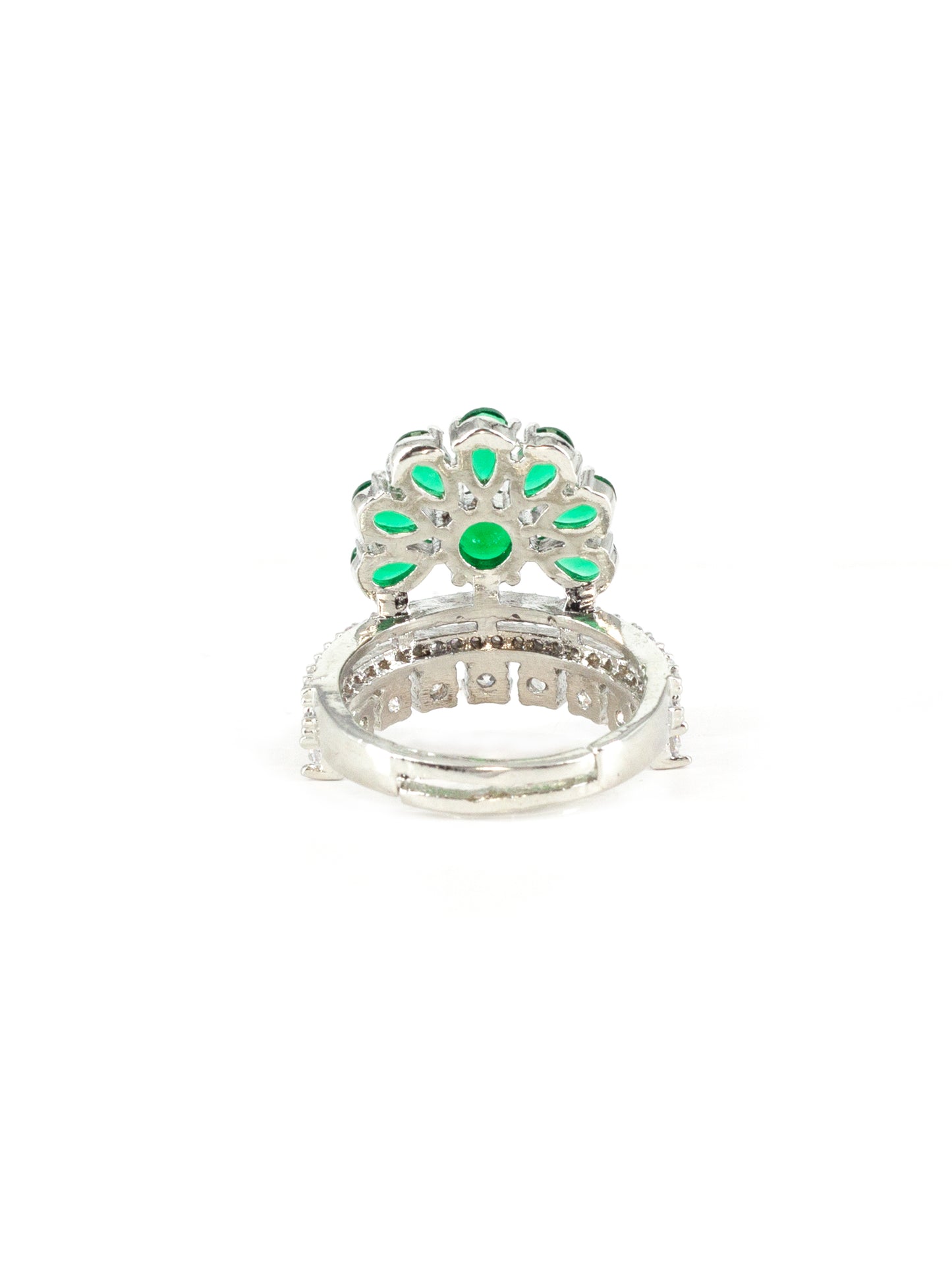 Silver Plated Green AD Floral Ring