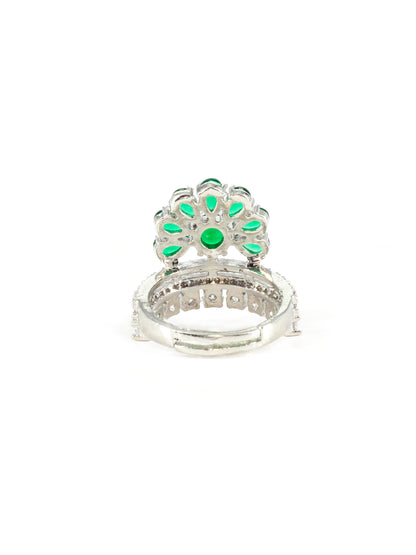 Silver Plated Green AD Floral Ring