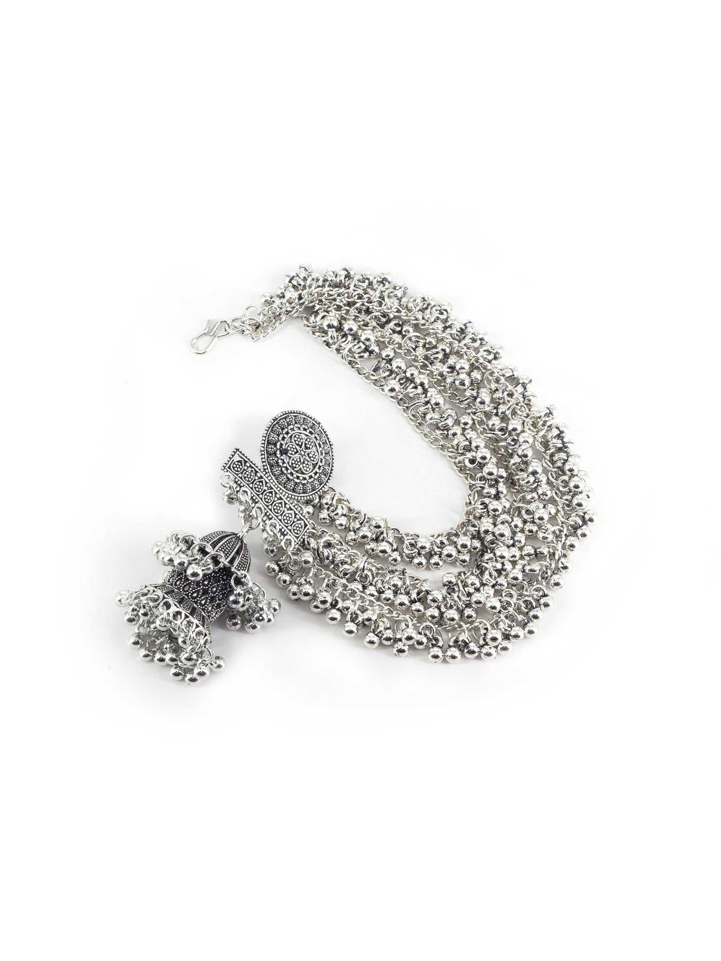 Silver Oxidised Double Jhumka Earrings with Ear Chain