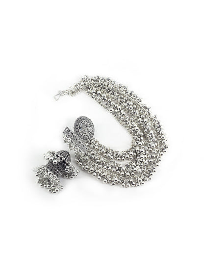 Silver Oxidised Double Jhumka Earrings with Ear Chain