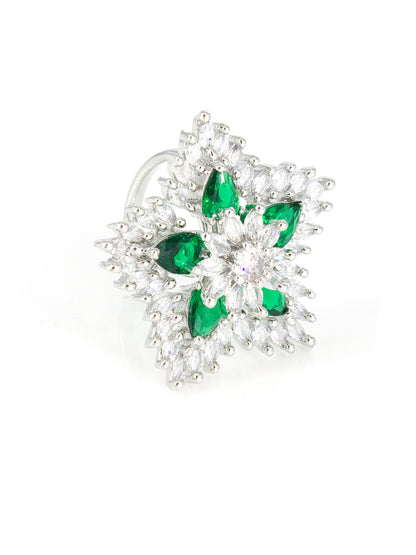 Silver-Plated American-Diamond Studded Floral Design Adjustable Finger Ring