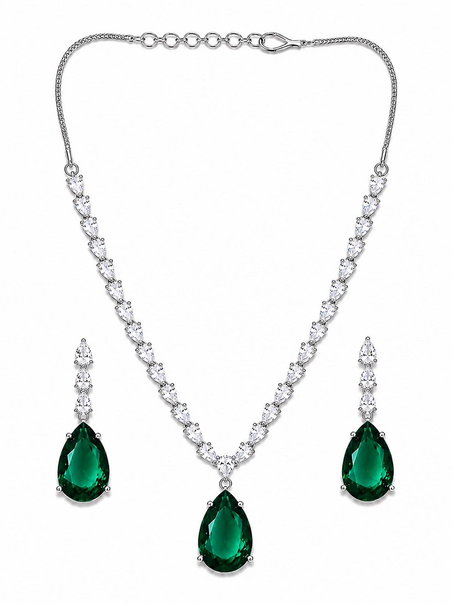 Silver Plated Green Teardrop AD Jewellery Set for Women