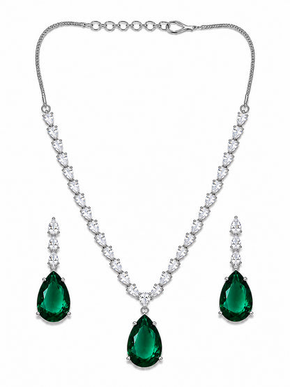 Silver Plated Green Teardrop AD Jewellery Set for Women