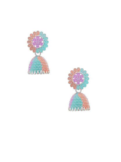 Silver-Plated Floral Pink & Green Jhumki Earrings