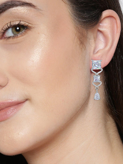 Silver Plated AD Square Drop Earrings For Women