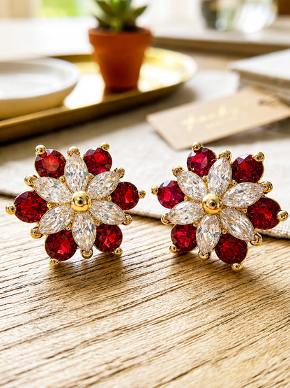 Gold Plated Red AD Floral Stud Earrings for Women