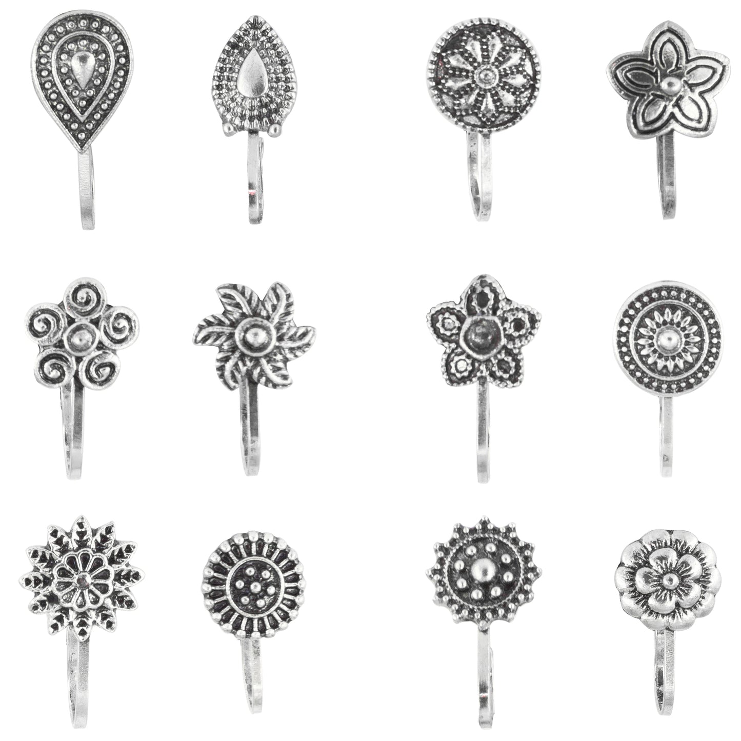 Set of 12 Silver-Oxidised Floral Non-Piercing Nosepins