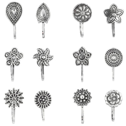 Set of 12 Silver-Oxidised Floral Non-Piercing Nosepins