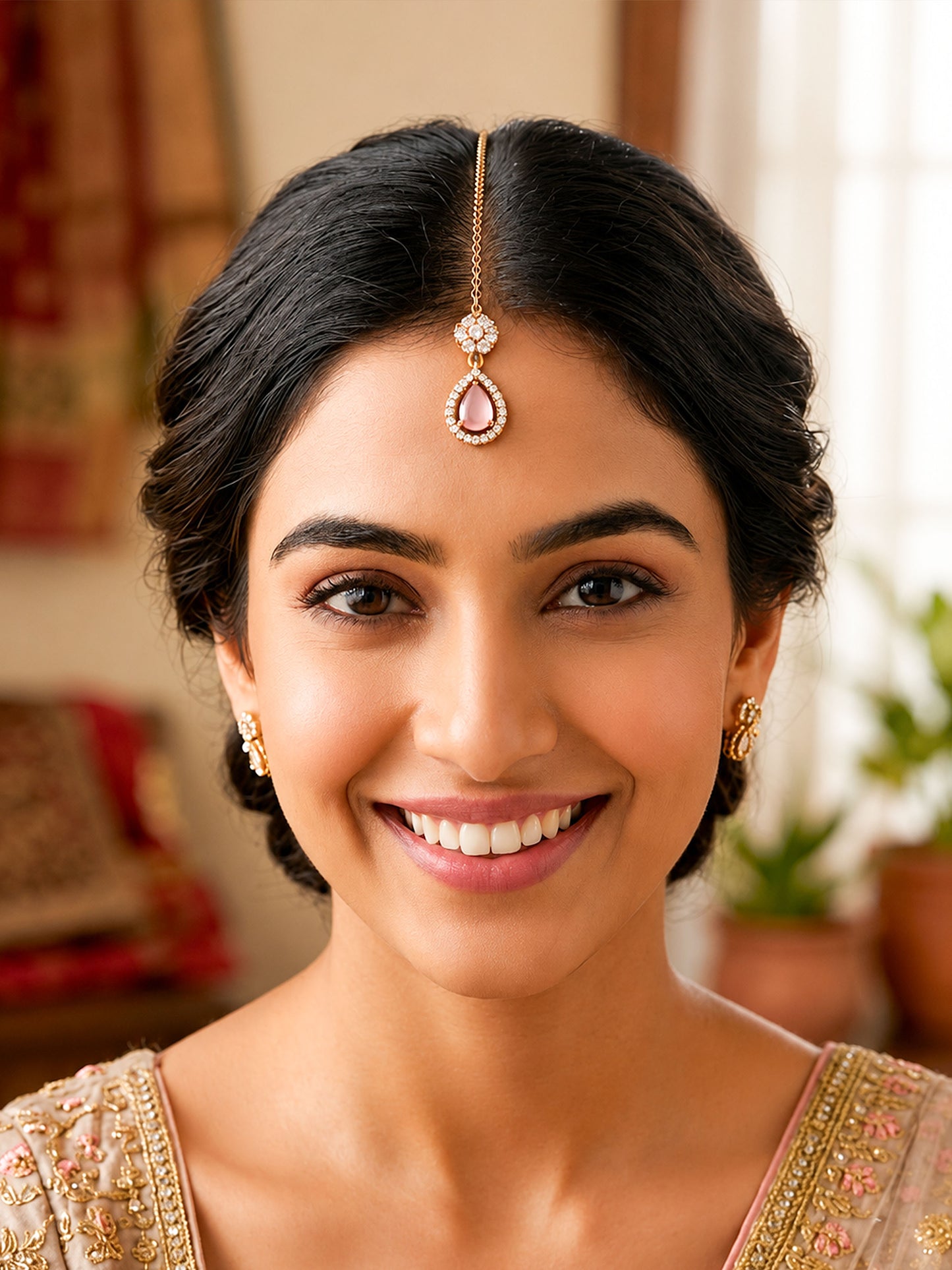 Antique Gold Plated Pink AD Maang Tikka for Women