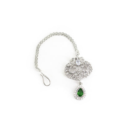 Silver Plated Green AD Peacock Maang Tikka for Women
