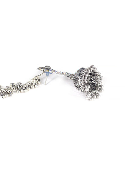 Silver Oxidised Rhinestone Jhumka Earrings with Chain