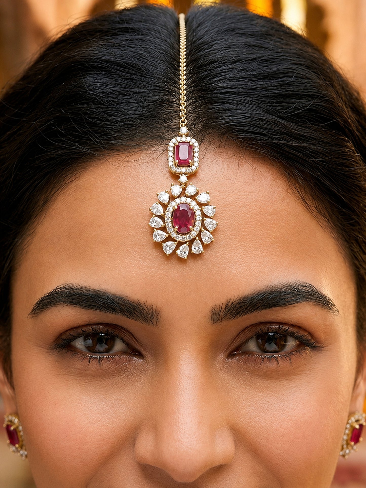 Antique Gold Plated Red AD Maang Tikka for Women
