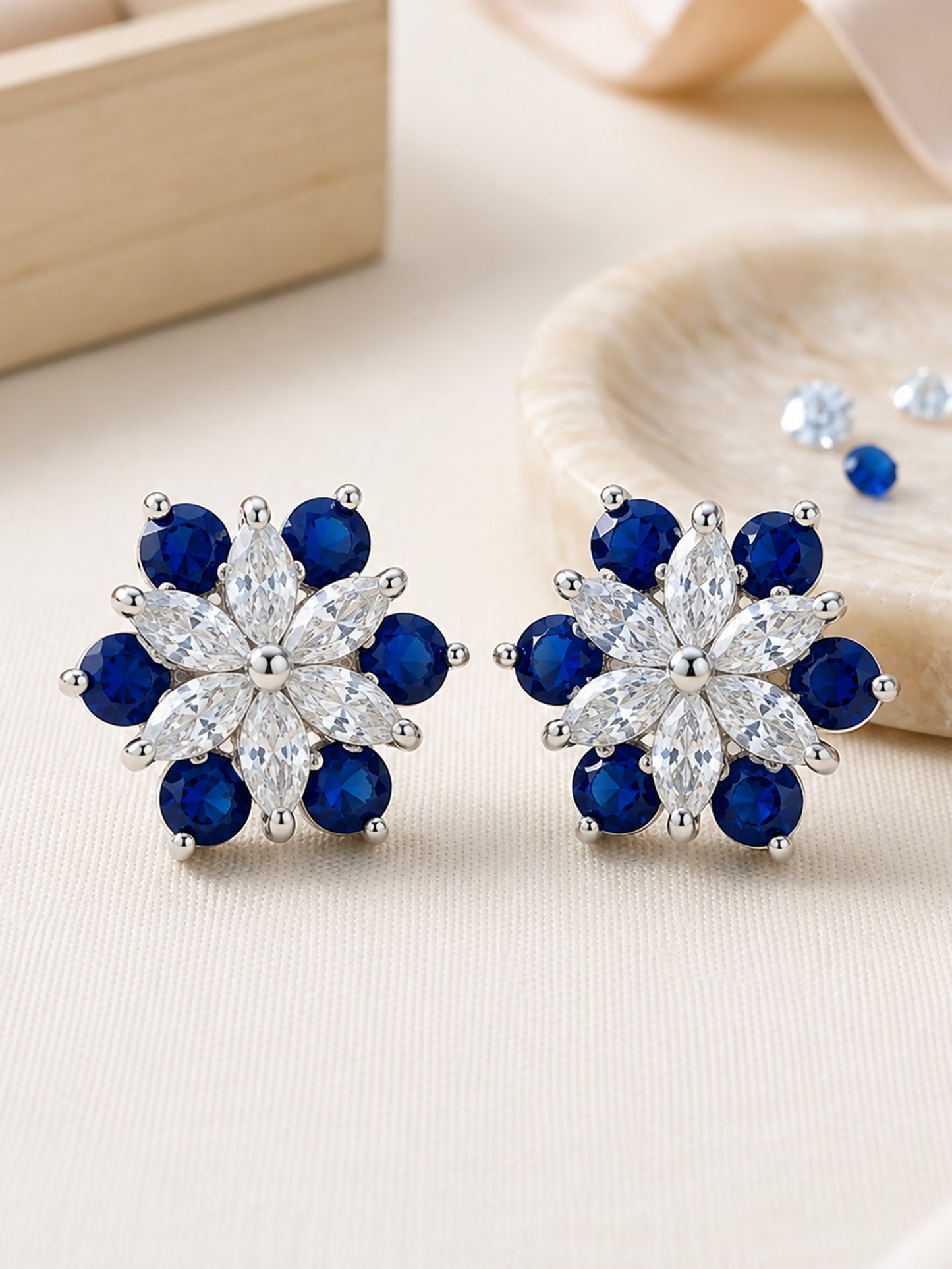 Silver Plated Blue Floral Stud Earrings for Women