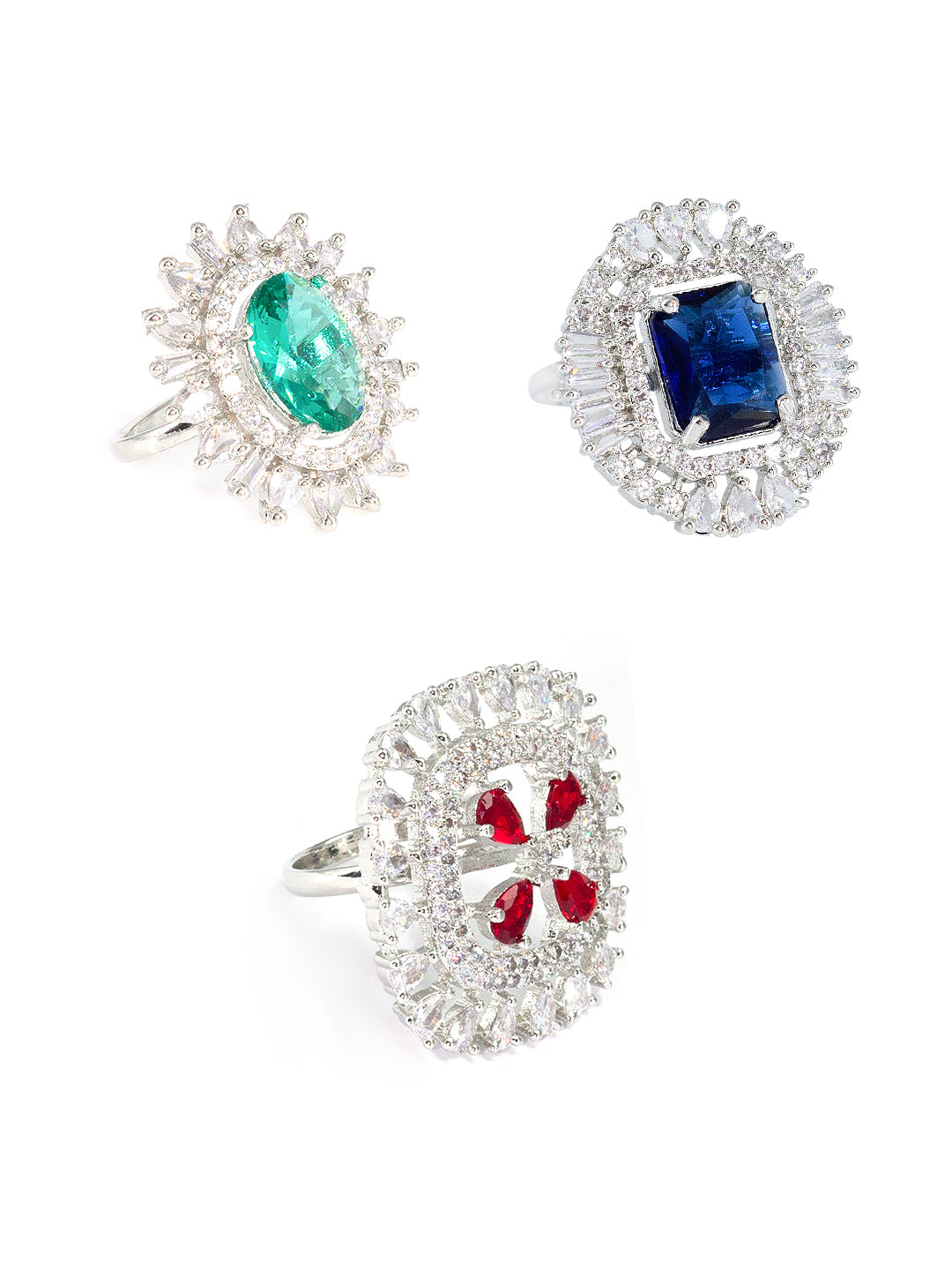 Pack of 3 Red Blue and Green Statement AD-Studded Adjustable Ring