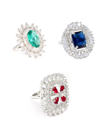 Pack of 3 Red Blue and Green Statement AD-Studded Adjustable Ring