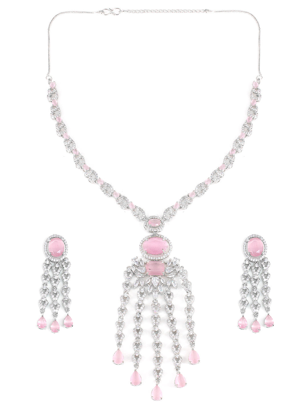 Rhodium Plated Pink Designer AD Jewellery Set