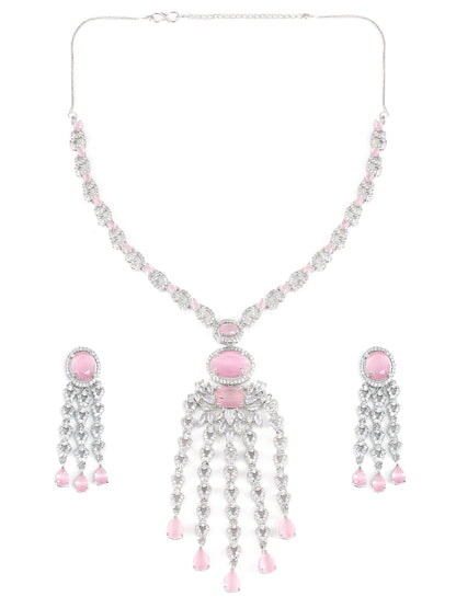 Rhodium Plated Pink Designer AD Jewellery Set