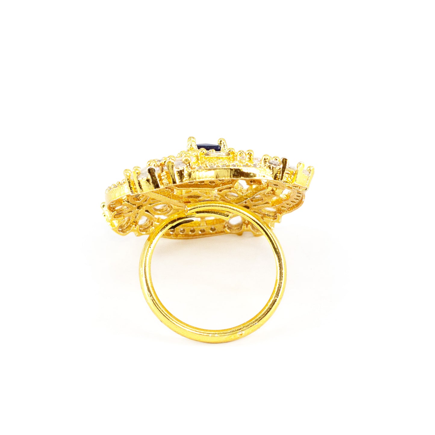 Gold Plated Blue AD Floral Adjustable Finger Ring for Women