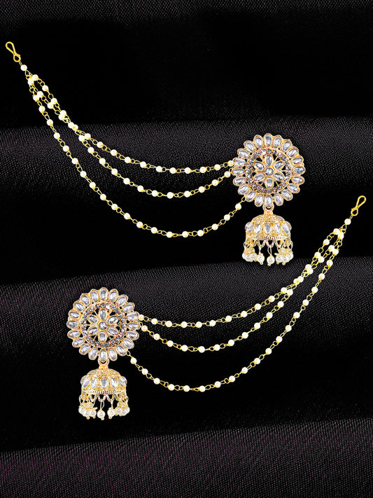 Floral Kundan-Studded & Beads Drop Jhumka Earrings With Ear Chain
