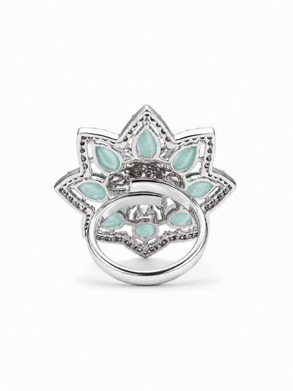 Silver Plated Green AD Floral Finger Ring for Women