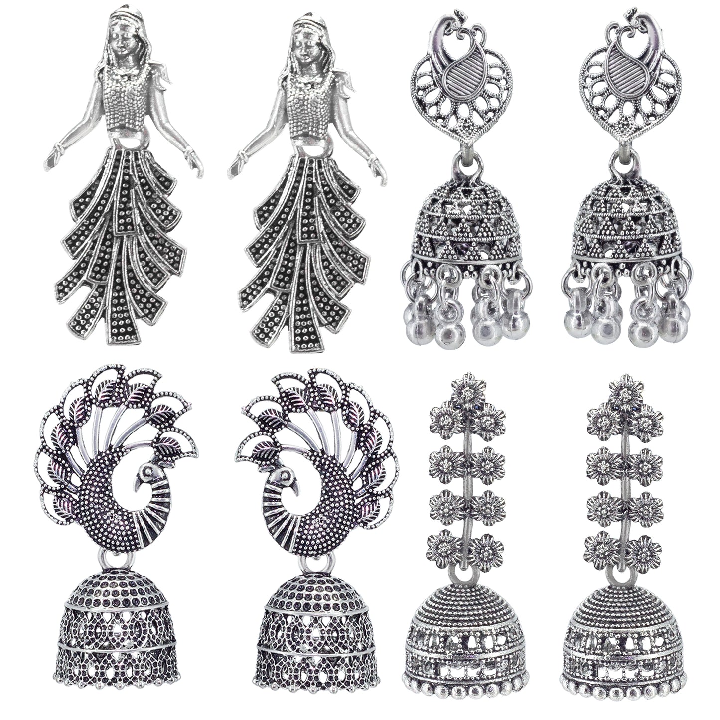 Set of 4 Floral, Peacock & Doll Jhumki Earrings