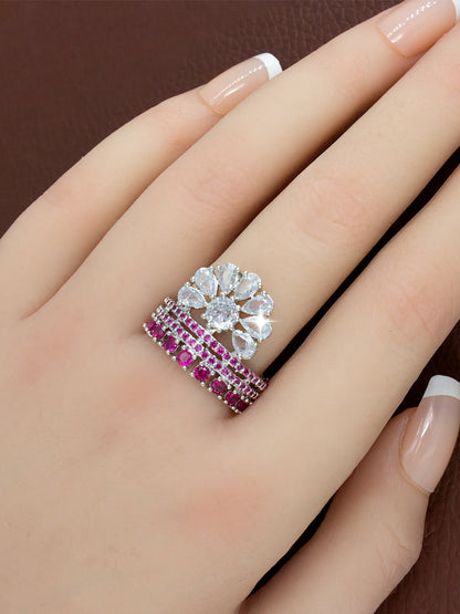 Silver-Plated American-Diamond Designer Floral Adjustable Finger Ring