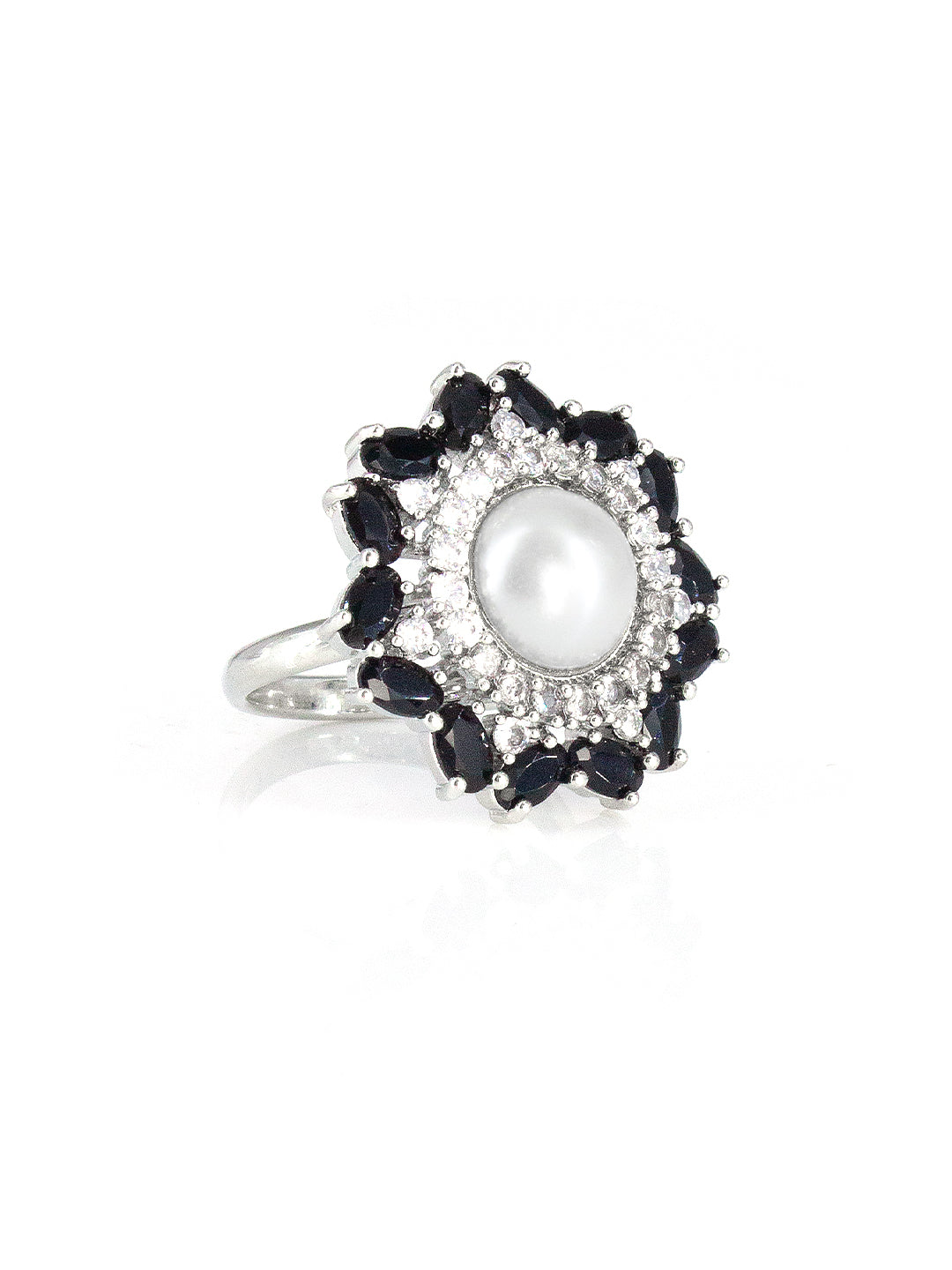 Silver Plated Black AD & Pearl Adjustable Ring