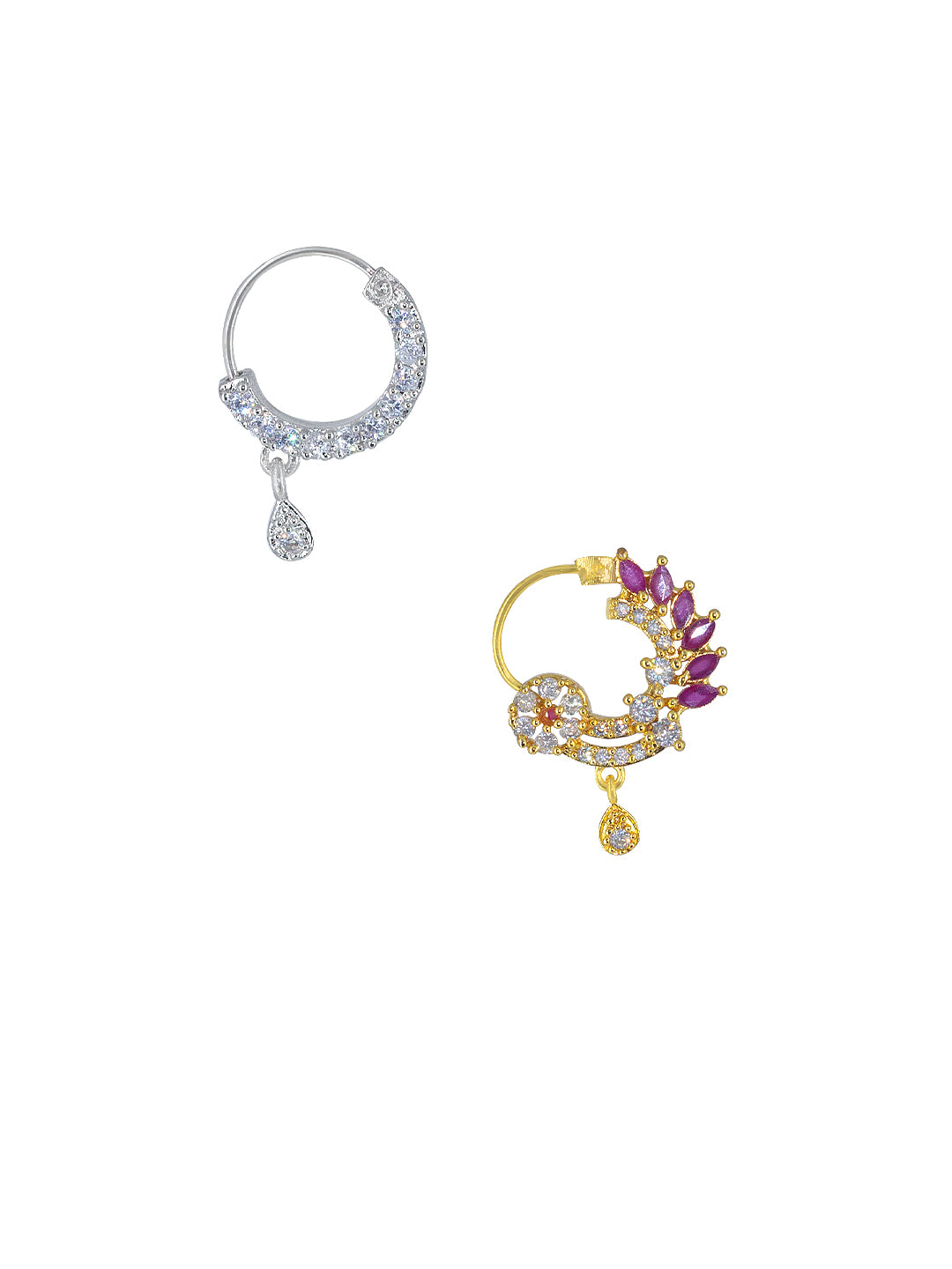 Set of Two Rhodium & Gold Plated American Diamond Nosepin