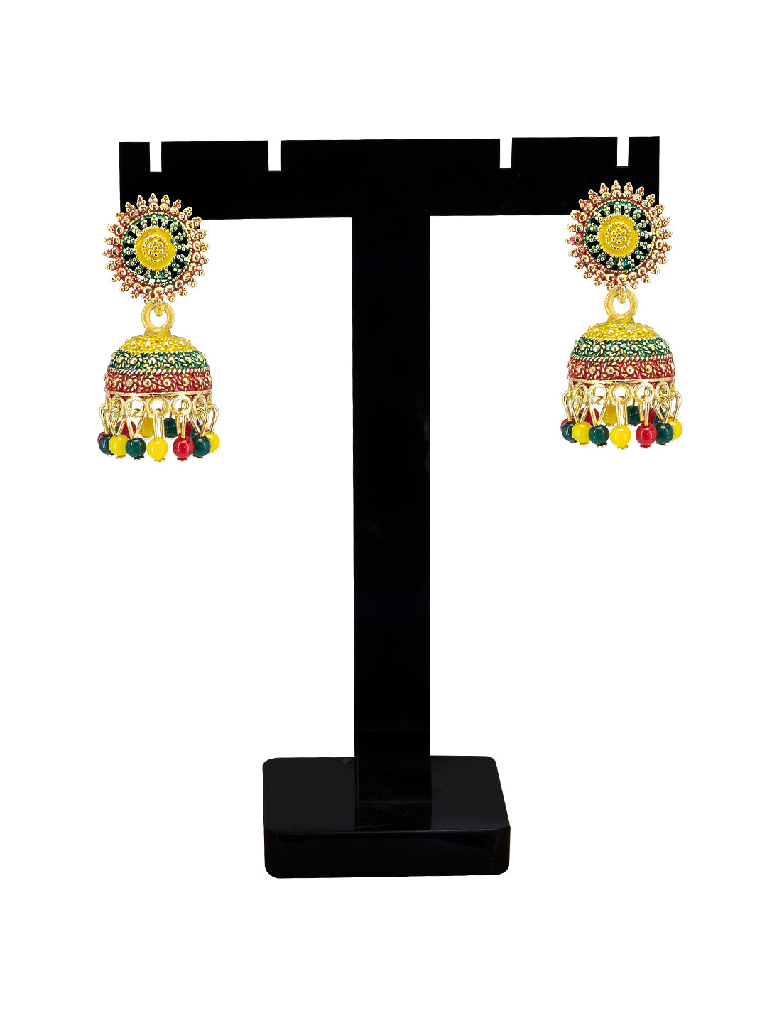 Gold Plated Circular Multi Color Artificial Beaded Jhumki Earrings