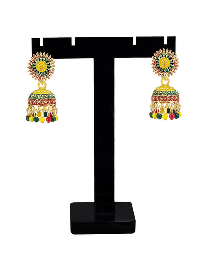 Gold Plated Circular Multi Color Artificial Beaded Jhumki Earrings