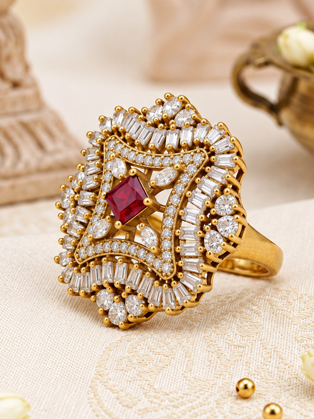 Antique Gold Plated Red AD Finger Ring for Women