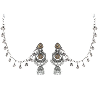 Dual-Tone Afghani Jhumka Earrings With Ear Chain