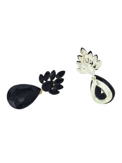 Gold Plated Black Crystal Stones Studded Drop Earrings