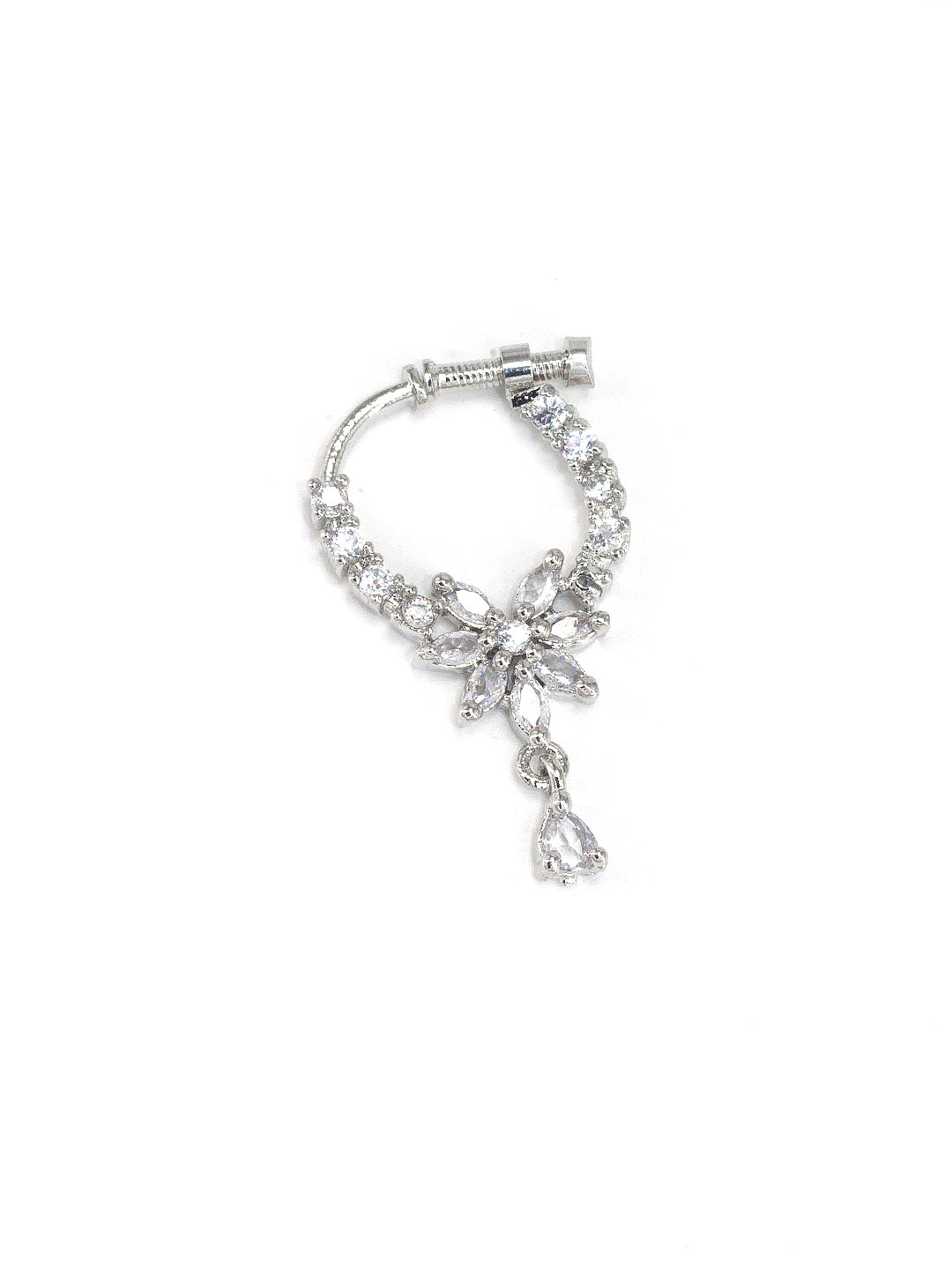 Rhodium Plated American Dimaond Floral Drop Nose Ring
