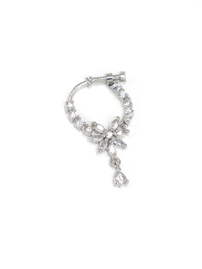 Rhodium Plated American Dimaond Floral Drop Nose Ring