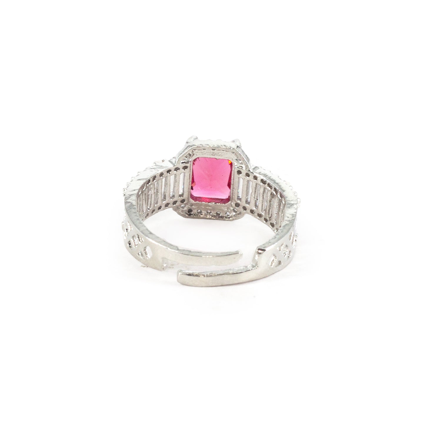 Silver Plated Red American Diamond Adjustable Ring for Women
