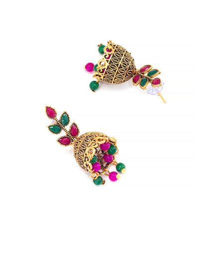 Antique Gold-Plated Leaf Artificial Stone & Beaded Jhumki Earrings