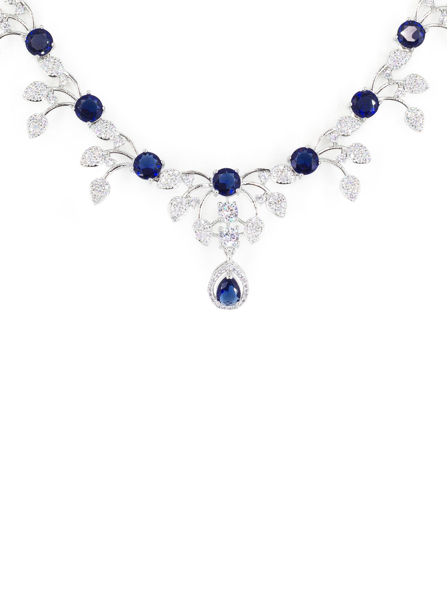 Rhodium Plated Blue AD Floral Jewellery Set