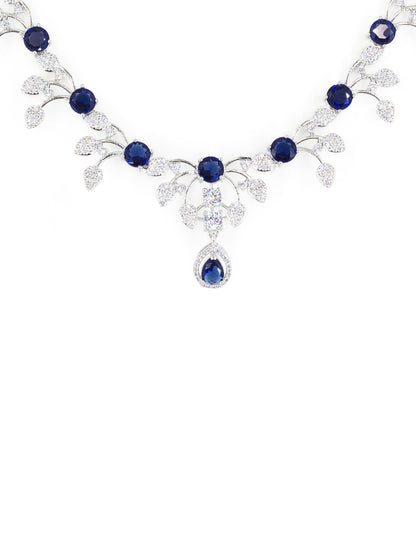 Rhodium Plated Blue AD Floral Jewellery Set