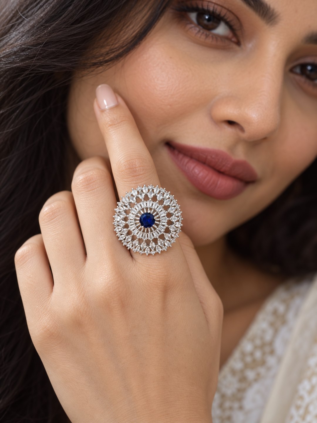 Silver Plated Blue AD Finger Ring for Women