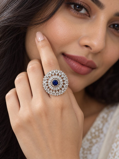 Silver Plated Blue AD Finger Ring for Women