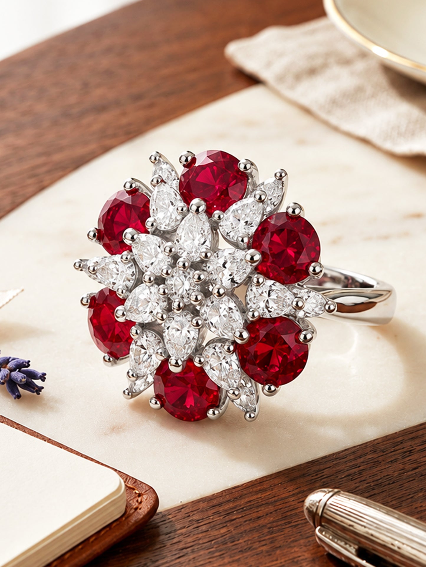 Rhodium Plated Red AD Finger Ring for Women