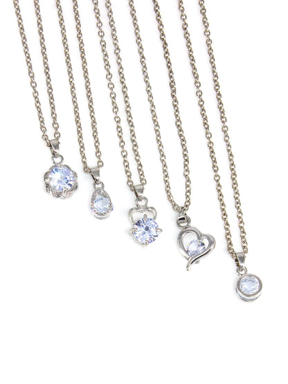 PRIVIU Silver Pendant Necklace for Women Teardrop, Heart, Round AD Pendant for Girls (Set of 5)