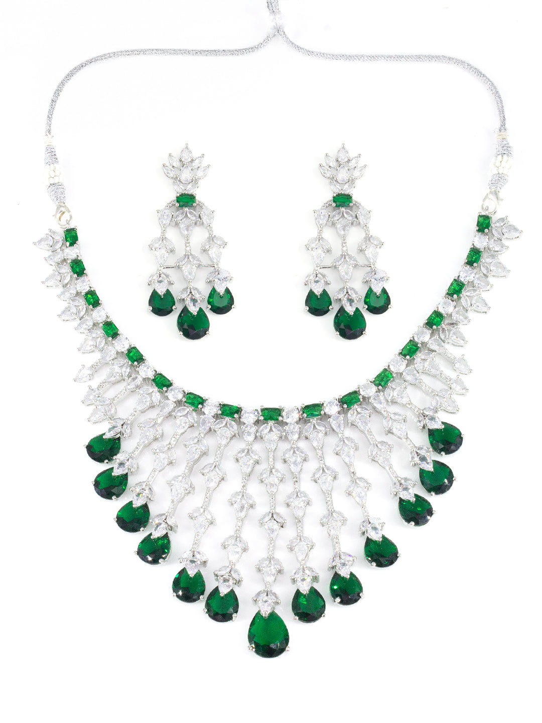 Silver Plated Green American Diamond Semi-Bridal Jewellery Set
